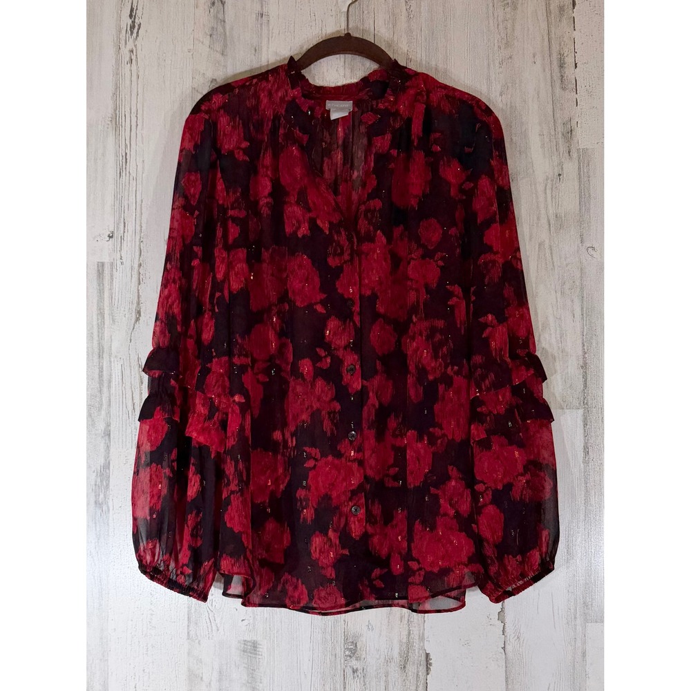 Chicos Sheer Blouse 3 (US 16) Red Black Metallic Ruffle Dark Floral Whimsigoth